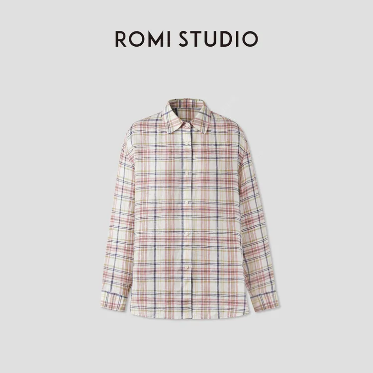 ROMI STUDIO 100%色织亚麻轻柔宽松复古格纹衬衣 RWCRS94201
