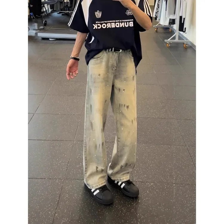 美式扎染泼墨牛仔裤男款夏季复古水洗休闲裤子高街潮牌直筒微喇裤