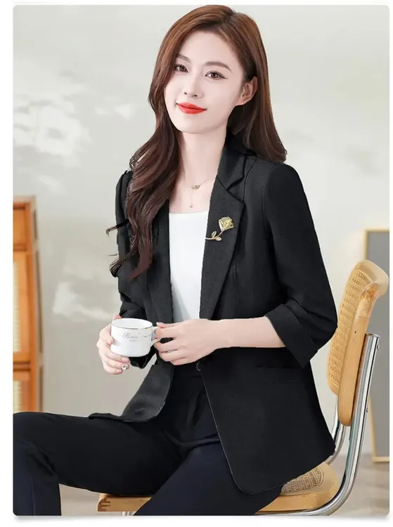 七分袖韩版西服时尚百搭修身显瘦洋气收腰西装外套纯色常规6826