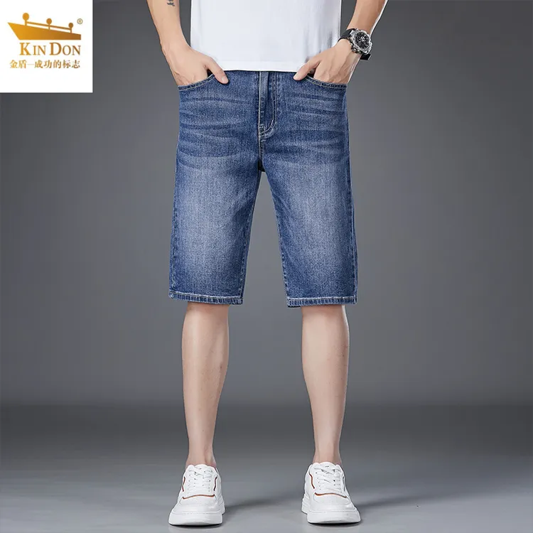 金盾男装夏季薄款简约舒适透气牛仔五分裤休闲百搭高腰弹力中筒裤