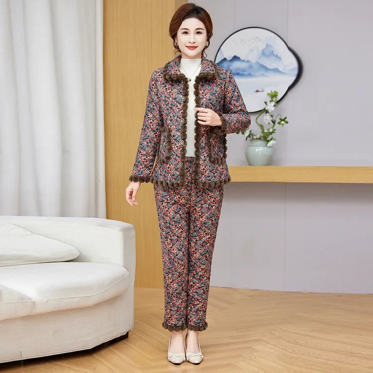 妈妈冬装加绒加厚棉衣棉裤睡衣中老年人女碎花棉服保暖棉袄两件套