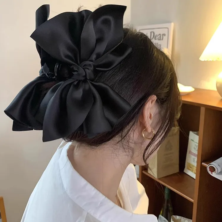 大蝴蝶结发夹缎面黑色发抓鲨鱼夹女发夹后脑勺量多发卡抓夹头饰潮