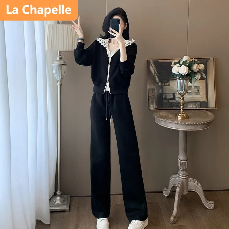 拉夏贝尔休闲运动套装女春秋2025新款时尚气质黑色蕾丝卫衣阔腿裤