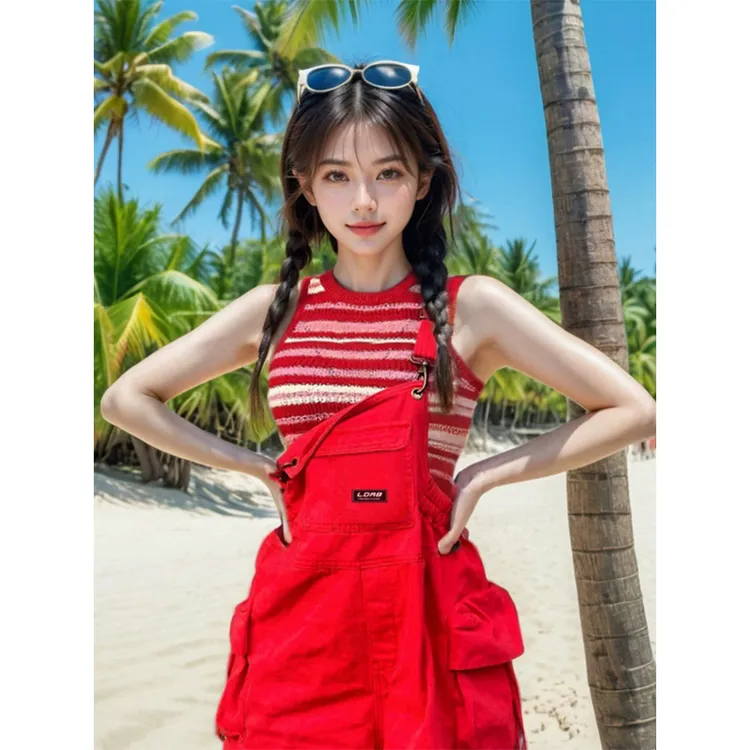 KSKM红色工装背带短裤女2025夏季美式多巴胺辣妹休闲吊带五分裤子