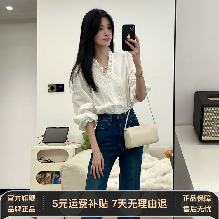 2026新款白色v领蕾丝衬衫女夏季爆款高级感防晒衬衣外搭长袖上衣