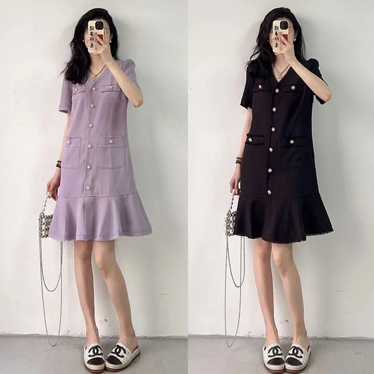 微胖mm气质小香风连衣裙女夏季大码法式轻奢别致显瘦鱼尾中长款裙