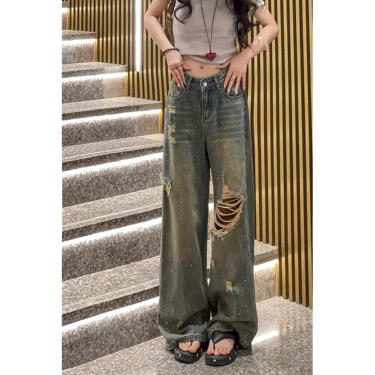 141夏季新款重工高腰破洞烫钻直筒牛仔裤女宽松显瘦阔腿拖地长裤