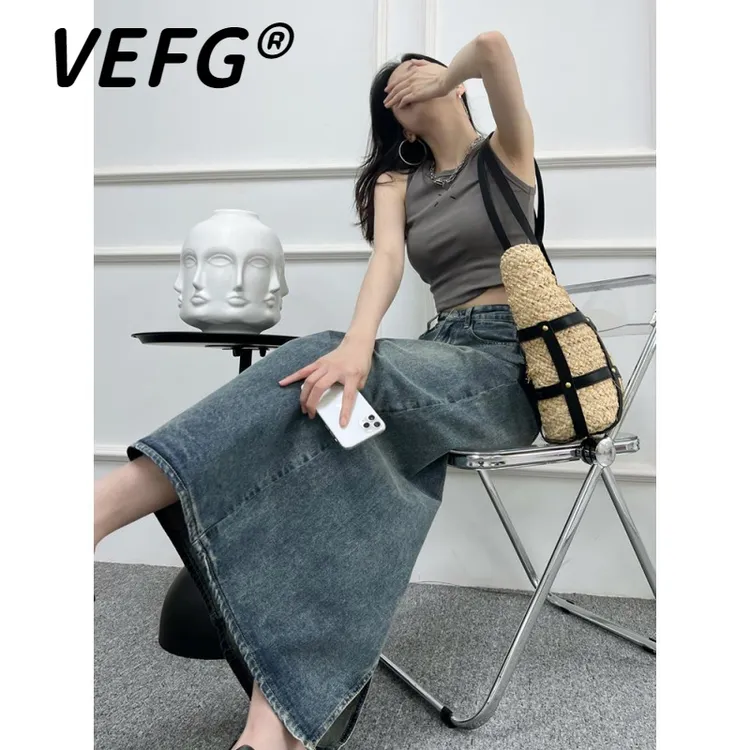 VEFG秋季复古牛仔半身裙女2025新款显瘦中长款后开叉包臀一步长裙