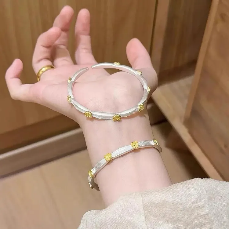 足银手镯 古法描金月桂花纯银手镯女999足银镯子小众国风年轻款