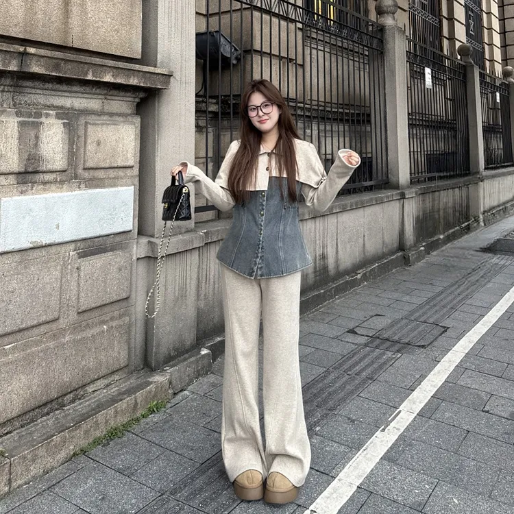 盈盈&南岛风大码女装拼接牛仔外套冬季胖mm半裙长裤套装ZYY2647