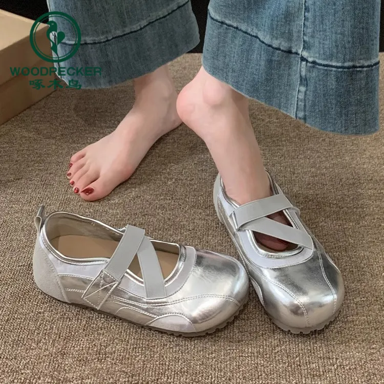 啄木鸟单鞋女2025新款鞋子夏季平底鞋小皮鞋银色玛丽珍女鞋芭蕾鞋