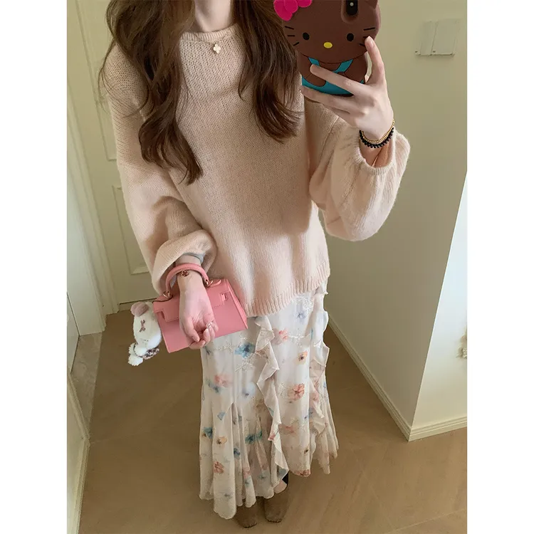 【Rrii_专属】【调和秋日】 韩系慵懒毛衣宽松针织银丝鱼尾碎花半裙两件套