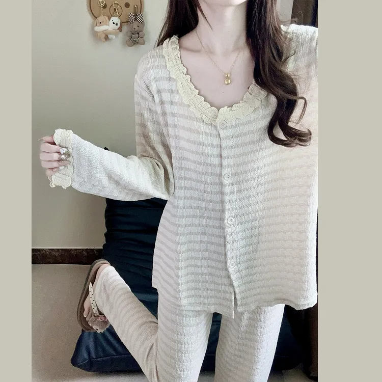 高级感睡衣女款春秋季2025新款韩版条纹长袖长裤休闲家居服套装冬