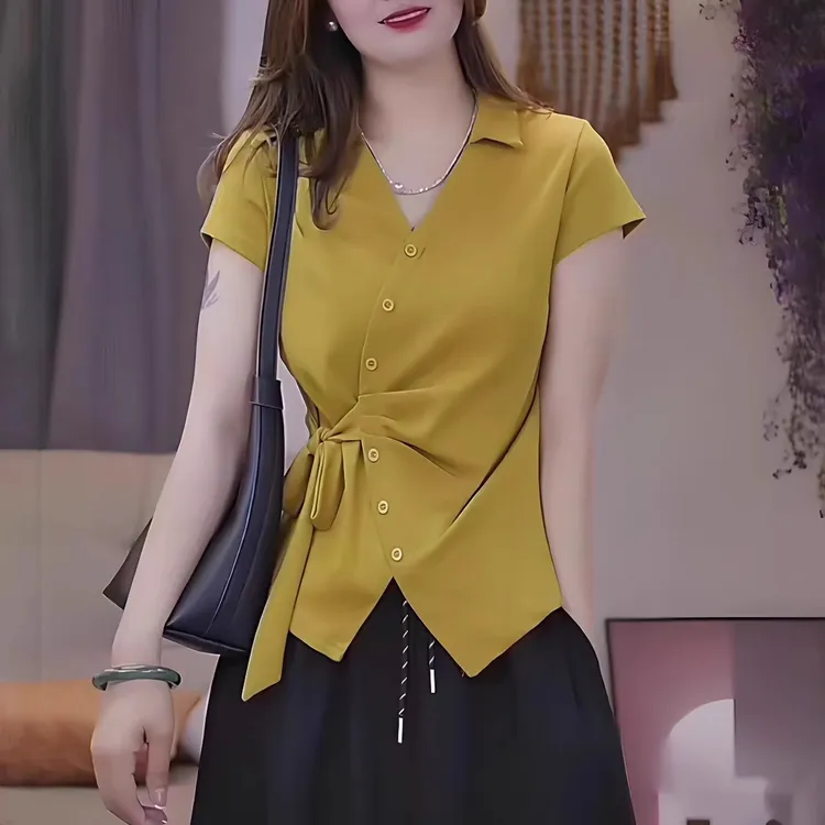 时尚设计感V领短袖女t恤2025新款夏季减龄收腰系带修身显瘦上衣服