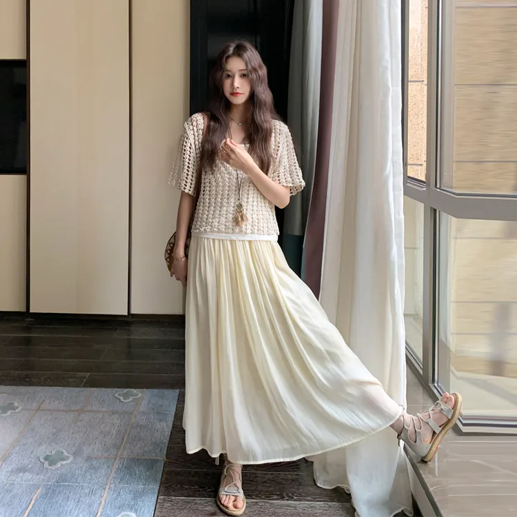镂空罩衫吊带半身裙套装2025女夏新款森系小清新田园风显瘦三件套