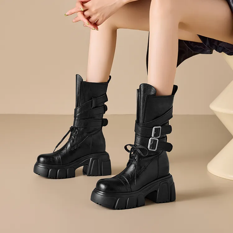 美拉德新品爆款10cm厚底增高小众骑士靴子中筒女靴复古厚底马丁靴