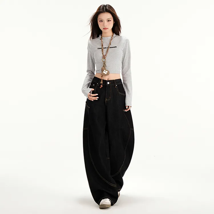 【旗鼠】美式复古｜弯刀牛仔｜字母刺绣｜拼接宽松阔腿牛仔裤子