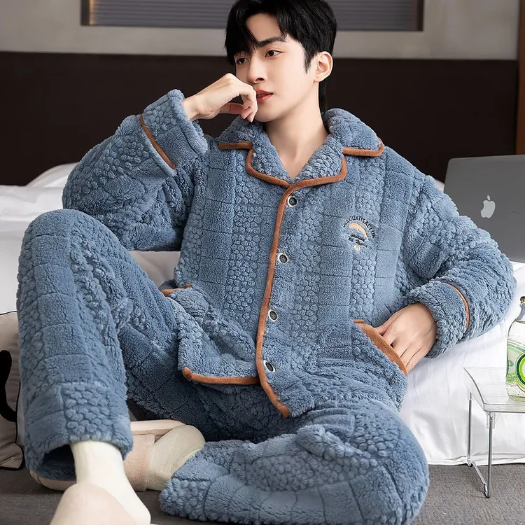 MEOD新款冬季睡衣男加绒加厚珊瑚绒套装法兰绒韩版开衫大码保暖家