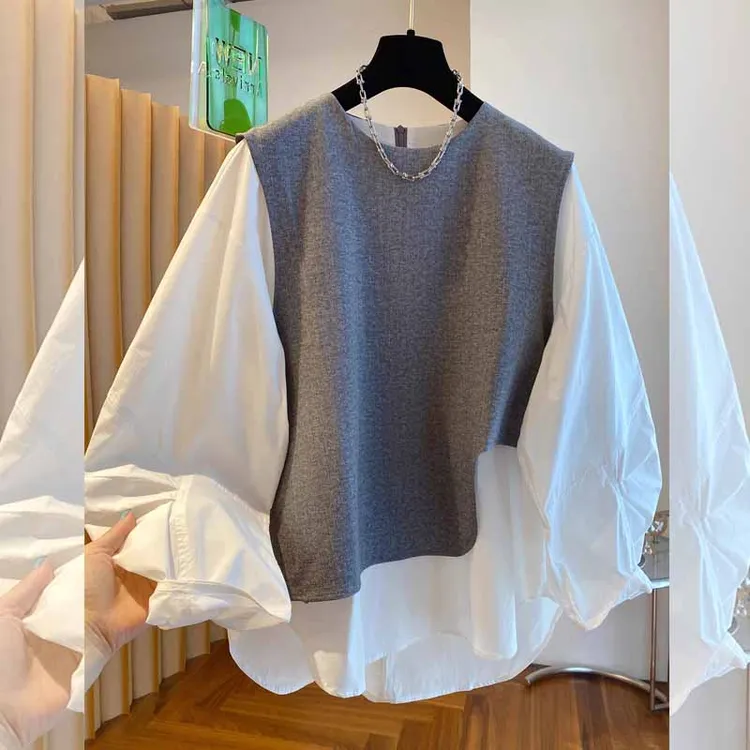 春秋季新品拼接假两件衬衫女大码宽松洋气显瘦个性上衣时尚百搭潮