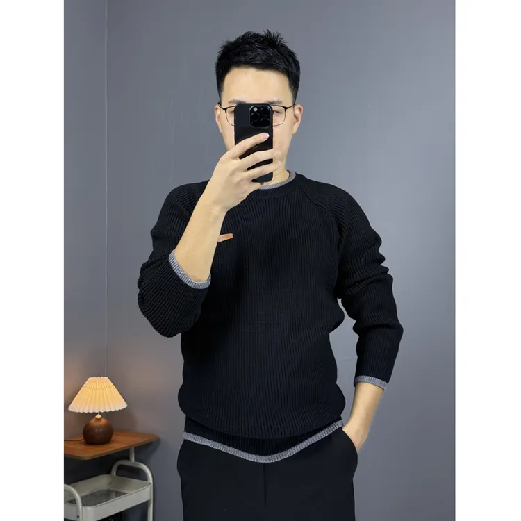 秋冬男士高品质百搭套头毛衣撞色宽松针织衫休闲时尚上衣简约外套