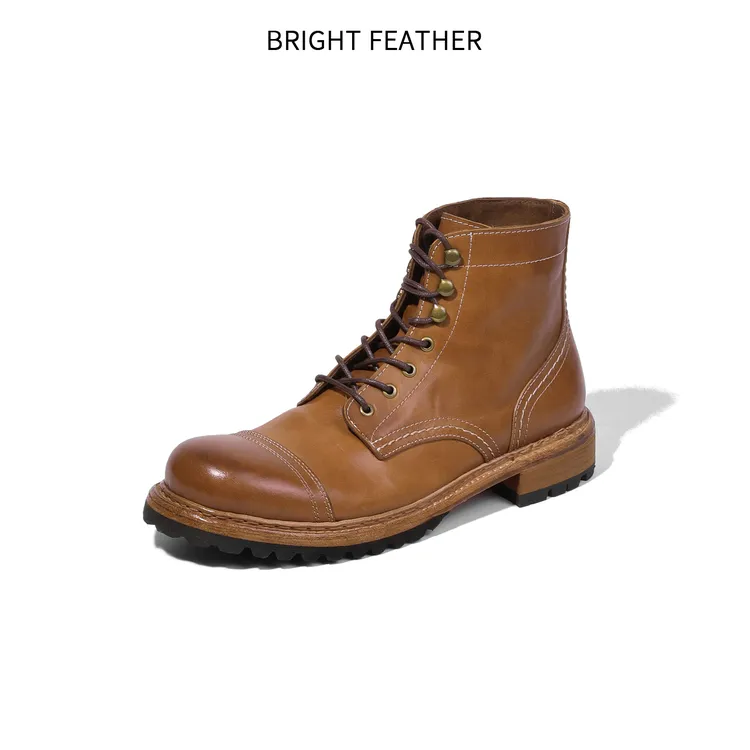 BRIGHT FEATHER上新男士马皮三接头马丁靴时尚真皮高帮靴子英伦风