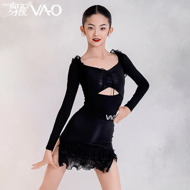 VL51410-2025新款拉丁舞服练功服女童VAO舞配舞服黑色长袖训练服