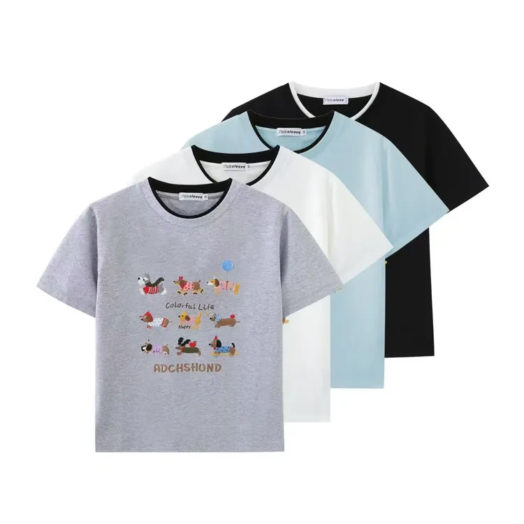 【重磅小狗T】纯棉高克重刺绣满印假两件女士上衣短袖X2562