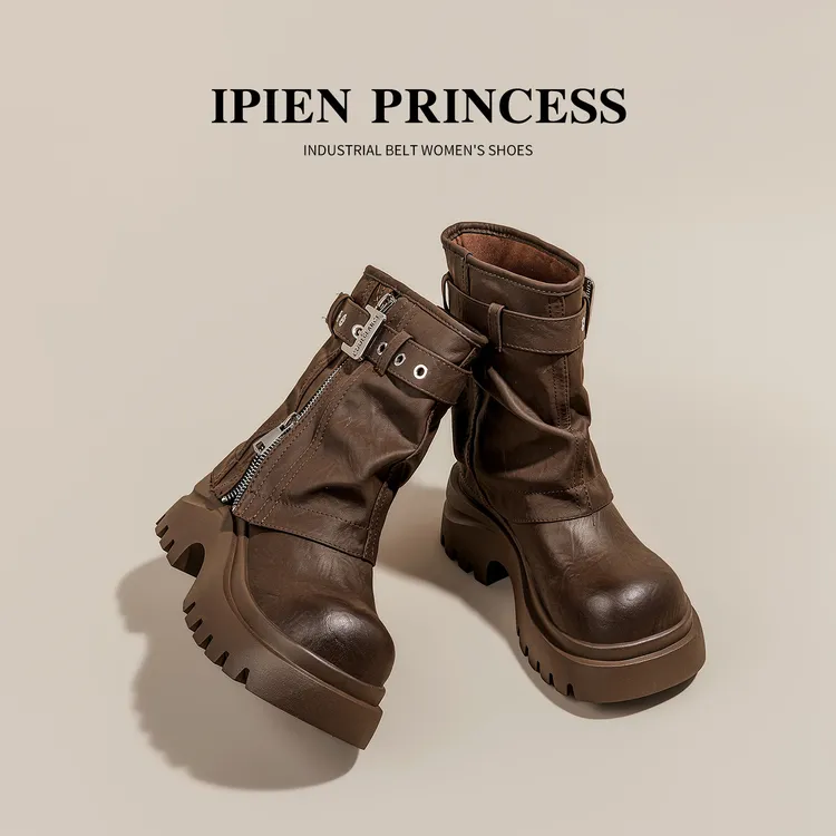 厚底增高8cm靴子西部牛仔裤管靴内增高马丁靴女小个子休闲风靴子