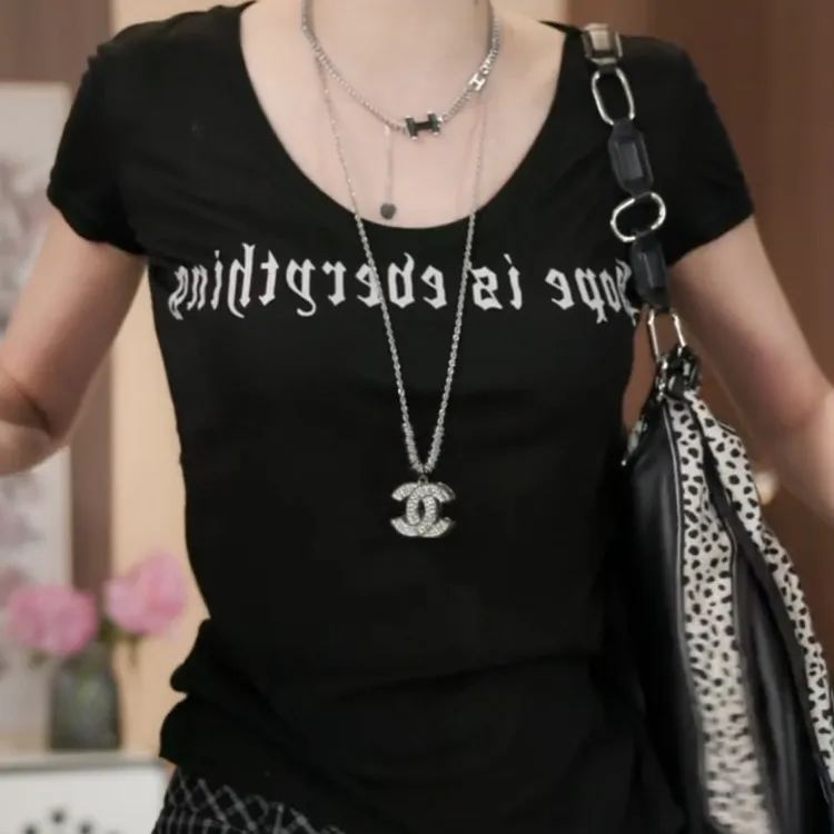 夏季2025新款修身百搭黑色印花短袖t恤设计感LK2503575