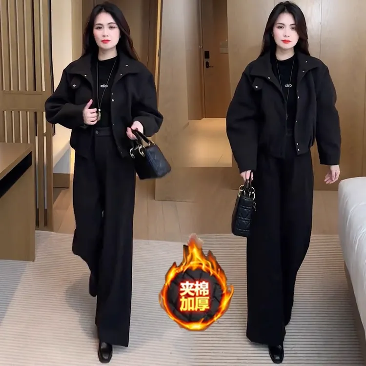 时尚套装女冬季新款洋气显瘦加厚夹棉保暖毛呢短外套阔腿裤两件套