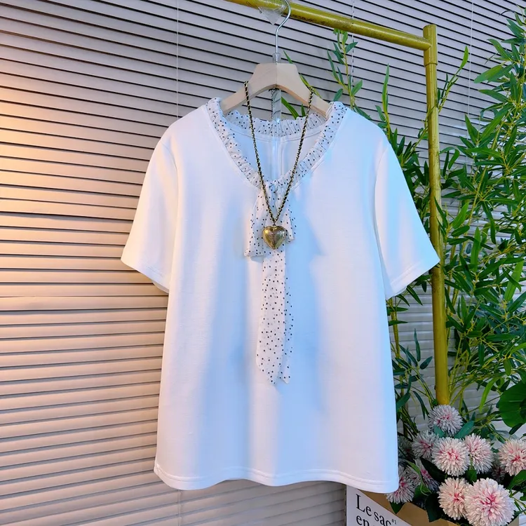 669胖mm时尚气质减龄款纯色圆领领带宽设计感夏季显瘦百搭短袖衫