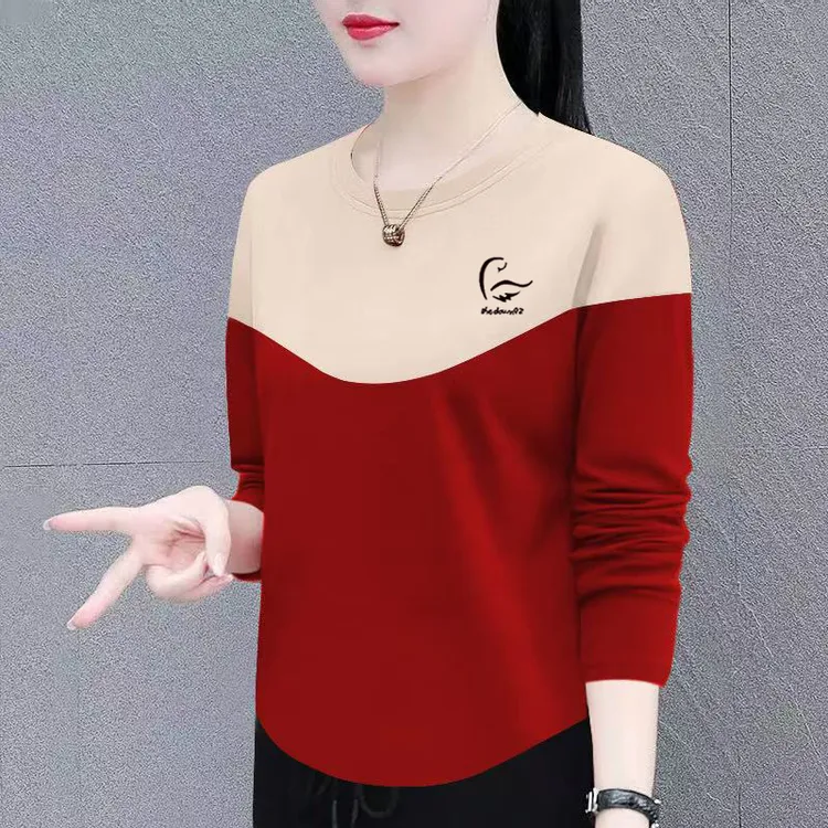 春秋新款100%纯棉长袖T恤女时尚休闲显瘦插色落肩圆领女士宽松t恤