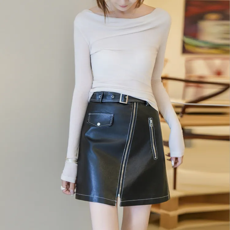 【PIKALUO】进口全植鞣纯皮明线系带A字裙修身显瘦休闲半身裙