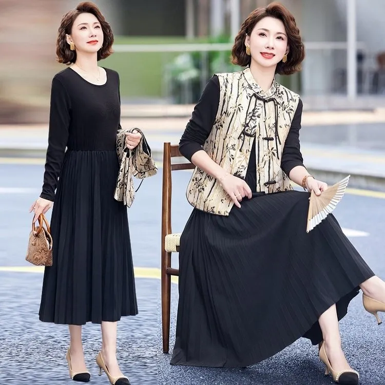 妈妈春装连衣裙套装国风中老年女士气质马甲裙子高贵优雅两件套女