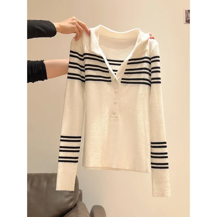 黑白条纹polo领针织打底衫女2025年秋季修身显瘦软糯气质v领上衣