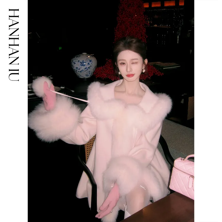 韩韩IU【暖冬千金】高定澳毛白狐毛海军领双面呢秋冬羽绒斗篷大衣