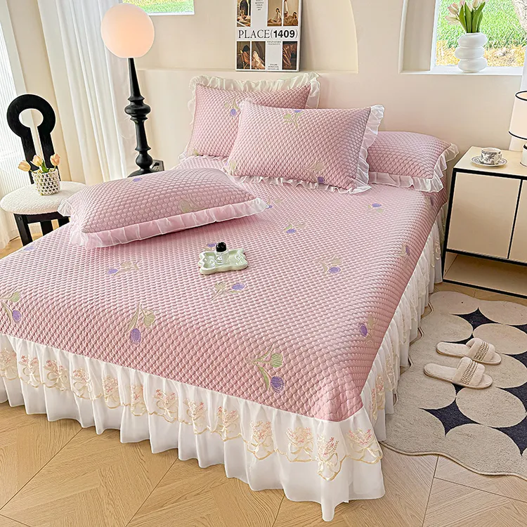 2025新款夏季PE冰丝席凉席三件套家用可水洗机洗床裙床盖款软席子