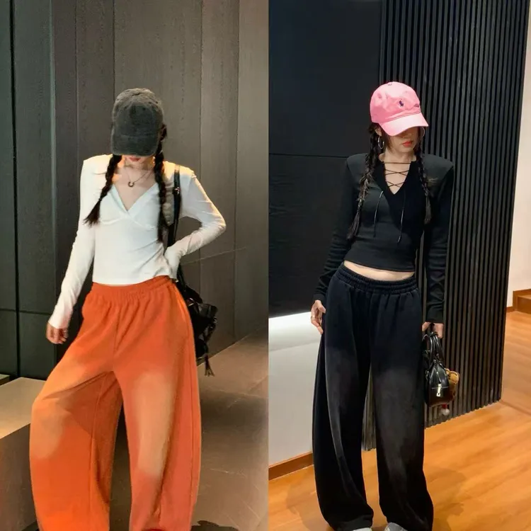 美式复古洗水橙色渐变弯刀阔腿裤女裤卫裤女款2025年流行网红女裤