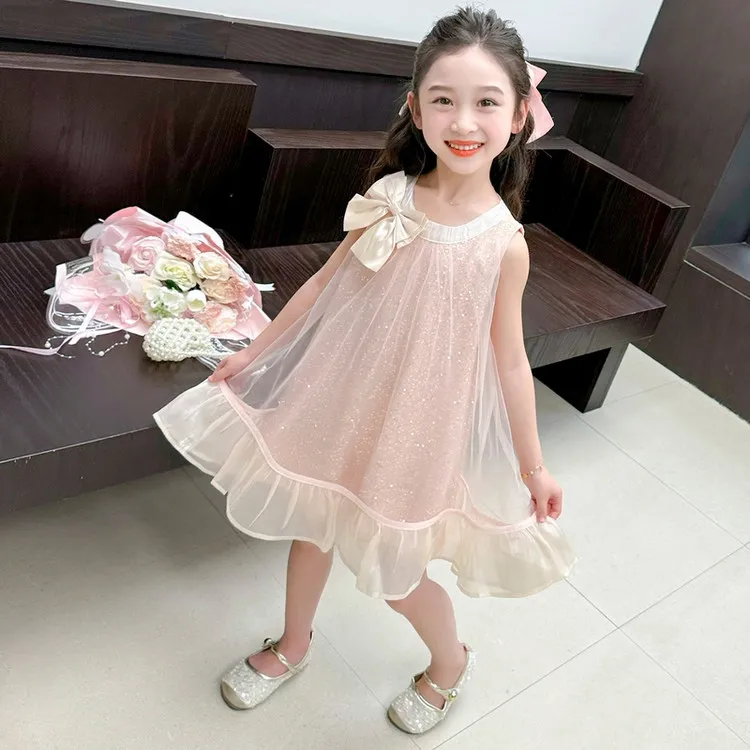 女童夏季公主裙新款2025爆款蝴蝶结无袖亮片裙圆领女孩中小童童装