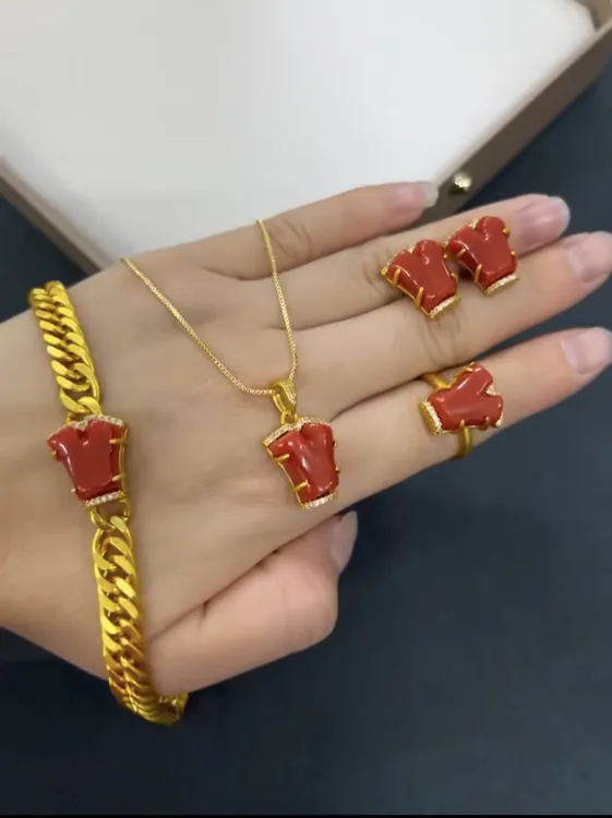 铜合金大理石项链 藏式饰品民族风新款耳钉吊坠戒指套装一整套