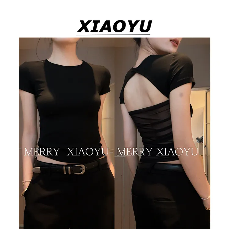 小鱼【缤纷假日】纯欲露背网纱洋气T恤女性感显瘦知性百搭气质上衣