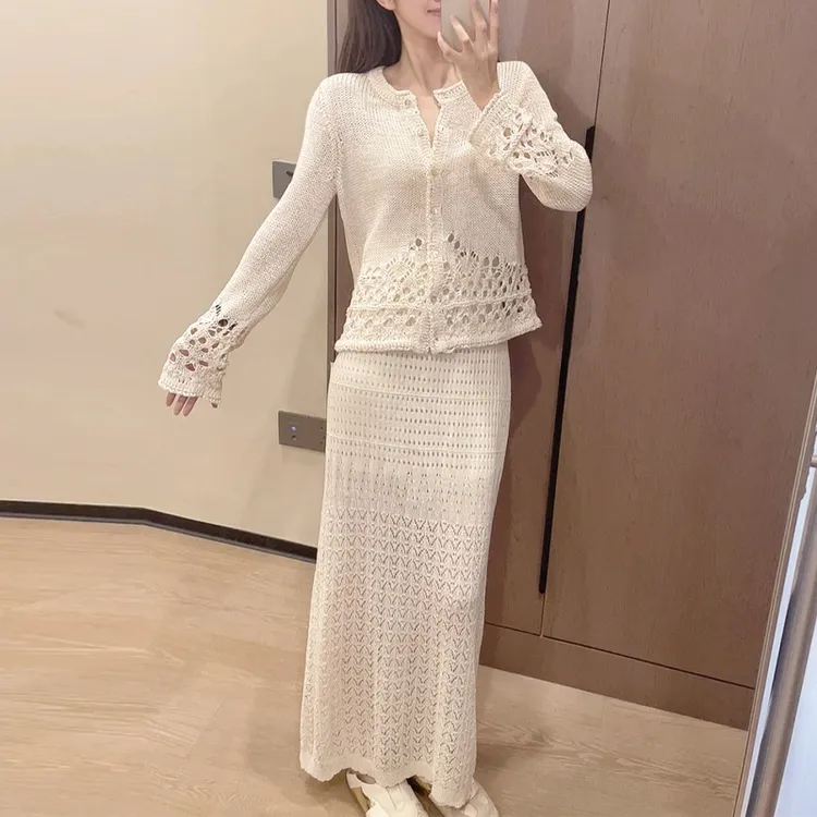 千金风贵气套装女2025春秋新款时尚镂空针织开衫外套半身裙两件套