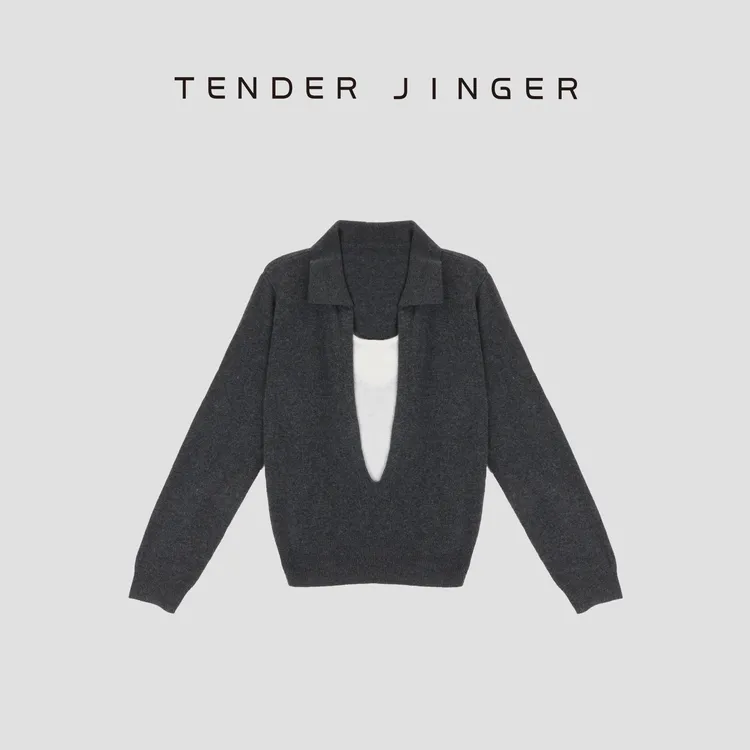 Tender Jinger【撞色假两件】山羊绒混纺保暖V领套头衫T53MII41407