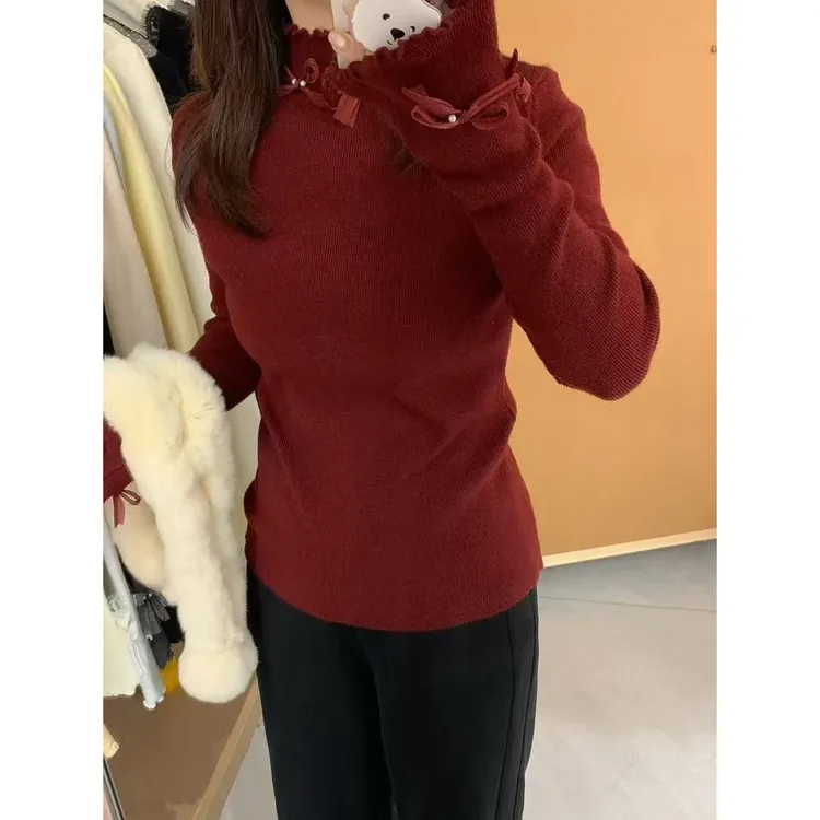 韩版设计感新款木耳边珍珠蝴蝶结好看女内搭针织衫打底上衣G6-68