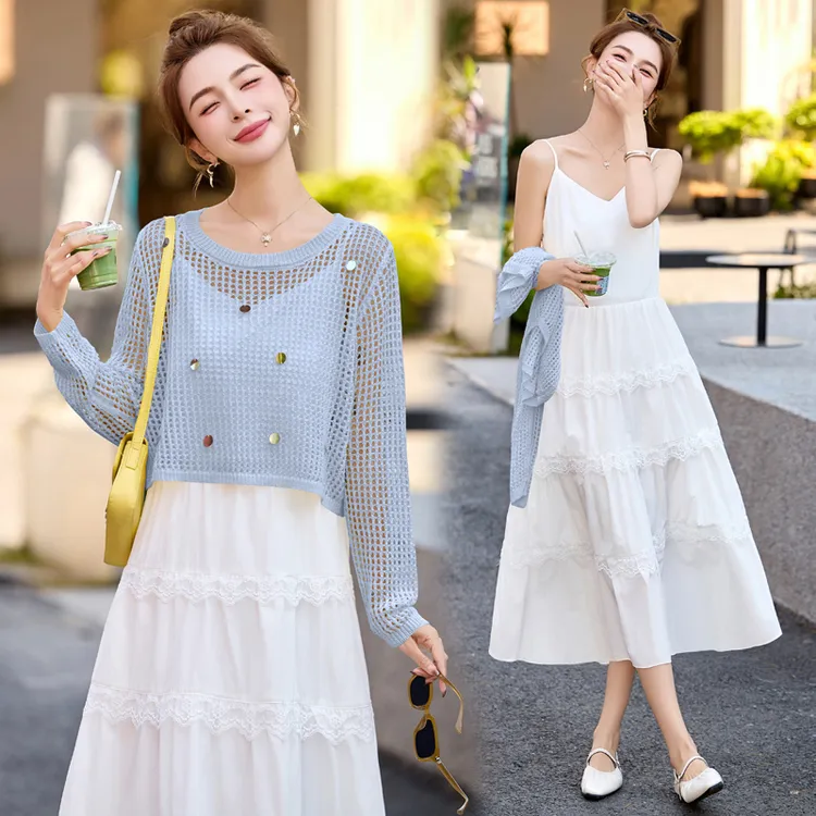 时尚套装女装2025夏天衣服夏季新款针织衫吊带连衣裙两件套防晒衣