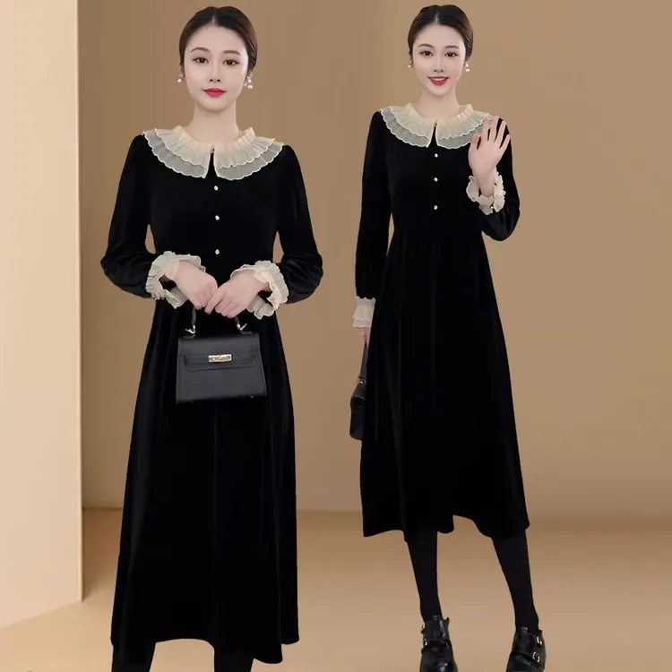 设计感小众娃娃领黑色丝绒连衣裙女春秋显瘦气质名媛赫本风长裙子