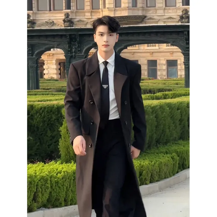 高级感垫肩西装领风衣男款中长款巴尔玛肯风衣韩版英伦风过膝大衣