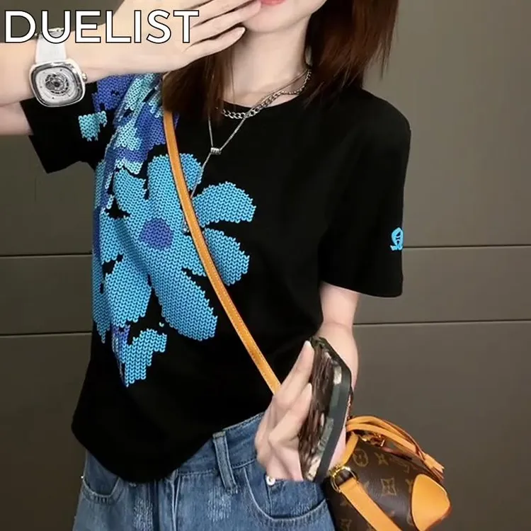 DUELIST正肩花朵休闲印花短袖恤女夏季新款潮流时尚百搭显瘦上衣