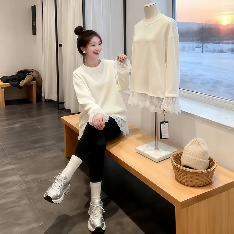欧货加绒白色圆领蕾丝拼接长袖T恤女2025冬新款宽松打底衫上衣潮