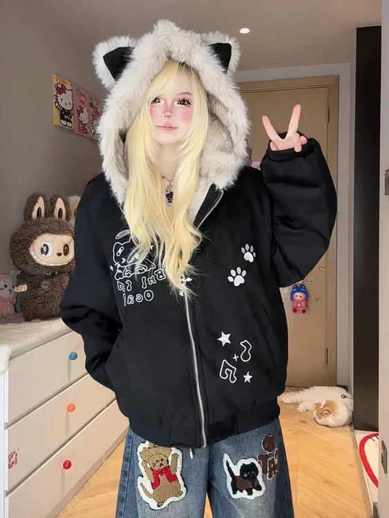 小众设计感kt刺绣加厚毛绒外套女秋冬宽松休闲保暖夹棉棉服上衣潮